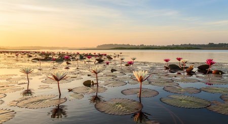 Nature Growth and Blooming Flowers Collection â Seedlings, Lotus Water Lilies, Roses, Sunflowers, Tulips, Lavender Fields and Garden Landscapes.の写真素材