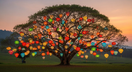 Majestic Trees and Scenic Nature Landscapes in All Seasons with Fantasy and Neon Light Concepts.の写真素材