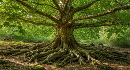 Majestic Trees and Scenic Nature Landscapes in All Seasons with Fantasy and Neon Light Concepts.