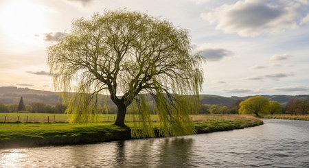 Majestic Trees and Scenic Nature Landscapes in All Seasons with Fantasy and Neon Light Concepts.の写真素材