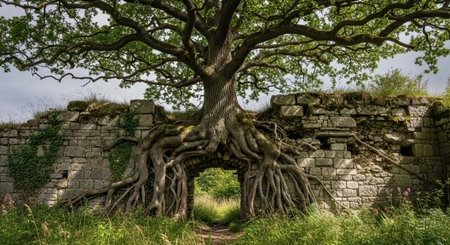 Majestic Trees and Scenic Nature Landscapes in All Seasons with Fantasy and Neon Light Concepts.の写真素材