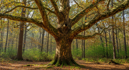 Majestic Trees and Scenic Nature Landscapes in All Seasons with Fantasy and Neon Light Concepts.の写真素材