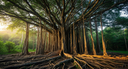 Majestic Trees and Scenic Nature Landscapes in All Seasons with Fantasy and Neon Light Concepts.の写真素材