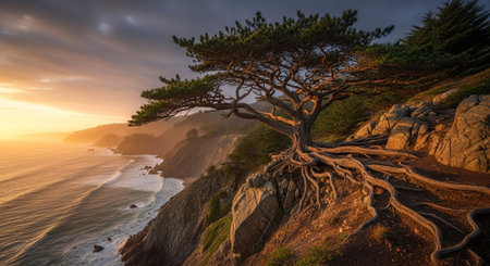 Majestic Trees and Scenic Nature Landscapes in All Seasons with Fantasy and Neon Light Concepts.の写真素材