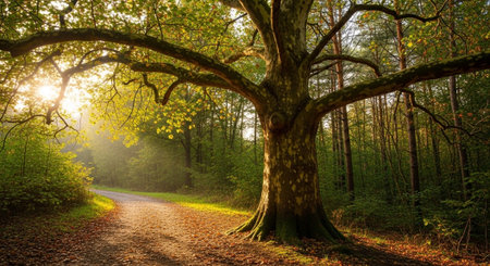 Majestic Trees and Scenic Nature Landscapes in All Seasons with Fantasy and Neon Light Concepts.
