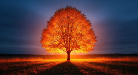 Majestic Trees and Scenic Nature Landscapes in All Seasons with Fantasy and Neon Light Concepts.