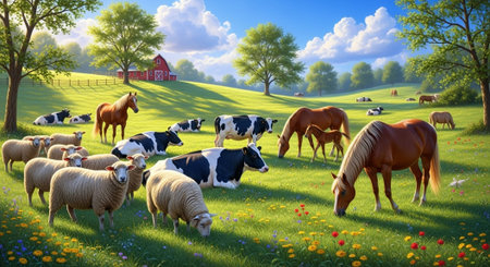 Organic Healthy Food, Fresh Fruits and Vegetables, Farm Animals and Scenic Countryside Landscape...