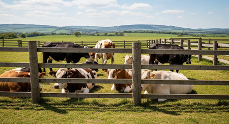 Traditional Farm Animals Grazing in Green Pasture at Sunset, Rural Countryside Landscape.