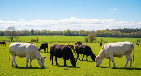 Traditional Farm Animals Grazing in Green Pasture at Sunset, Rural Countryside Landscape.
