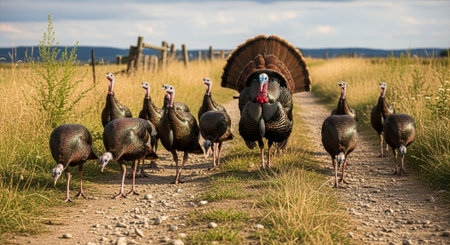Traditional Farm Animals Grazing in Green Pasture at Sunset, Rural Countryside Landscape.の写真素材
