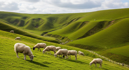 Traditional Farm Animals Grazing in Green Pasture at Sunset, Rural Countryside Landscape.の写真素材