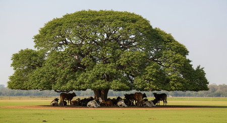 Traditional Farm Animals Grazing in Green Pasture at Sunset, Rural Countryside Landscape.の写真素材