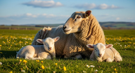 Traditional Farm Animals Grazing in Green Pasture at Sunset, Rural Countryside Landscape.の写真素材