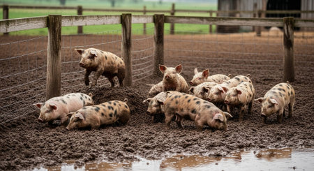 Traditional Farm Animals Grazing in Green Pasture at Sunset, Rural Countryside Landscape.の写真素材