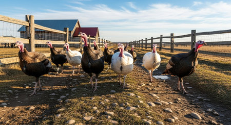 Traditional Farm Animals Grazing in Green Pasture at Sunset, Rural Countryside Landscape.の写真素材