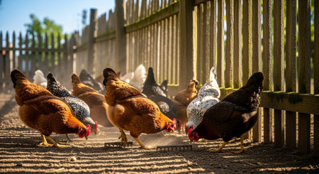 Traditional Farm Animals Grazing in Green Pasture at Sunset, Rural Countryside Landscape.の写真素材
