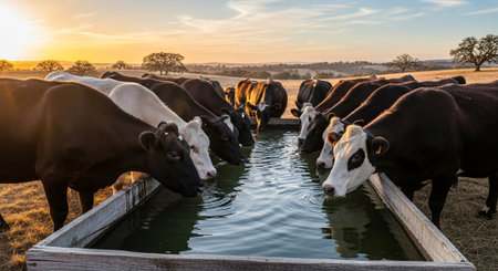 Traditional Farm Animals Grazing in Green Pasture at Sunset, Rural Countryside Landscape.の写真素材