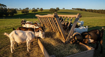 Traditional Farm Animals Grazing in Green Pasture at Sunset, Rural Countryside Landscape.の写真素材
