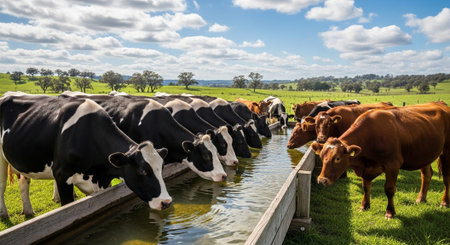 Traditional Farm Animals Grazing in Green Pasture at Sunset, Rural Countryside Landscape.の写真素材