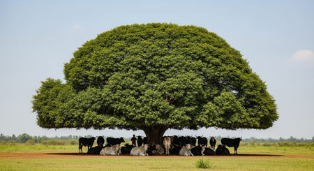 Traditional Farm Animals Grazing in Green Pasture at Sunset, Rural Countryside Landscape.の写真素材