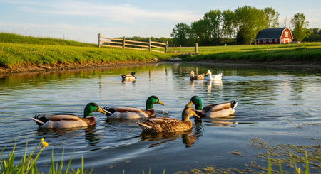 Traditional Farm Animals Grazing in Green Pasture at Sunset, Rural Countryside Landscape.