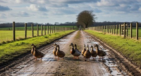 Traditional Farm Animals Grazing in Green Pasture at Sunset, Rural Countryside Landscape.の写真素材