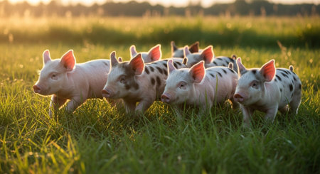 Traditional Farm Animals Grazing in Green Pasture at Sunset, Rural Countryside Landscape.の写真素材