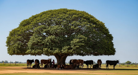 Traditional Farm Animals Grazing in Green Pasture at Sunset, Rural Countryside Landscape.の写真素材
