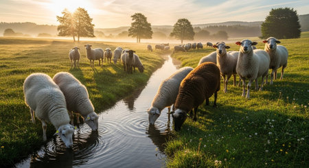 Traditional Farm Animals Grazing in Green Pasture at Sunset, Rural Countryside Landscape.の写真素材