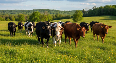 Traditional Farm Animals Grazing in Green Pasture at Sunset, Rural Countryside Landscape.の写真素材