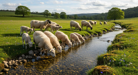 Traditional Farm Animals Grazing in Green Pasture at Sunset, Rural Countryside Landscape.