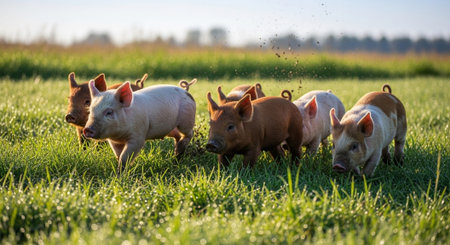 Traditional Farm Animals Grazing in Green Pasture at Sunset, Rural Countryside Landscape.