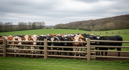 Traditional Farm Animals Grazing in Green Pasture at Sunset, Rural Countryside Landscape.