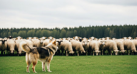 Traditional Farm Animals Grazing in Green Pasture at Sunset, Rural Countryside Landscape.の写真素材