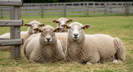 Traditional Farm Animals Grazing in Green Pasture at Sunset, Rural Countryside Landscape.の写真素材