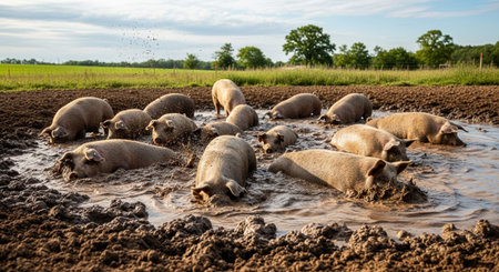 Traditional Farm Animals Grazing in Green Pasture at Sunset, Rural Countryside Landscape.