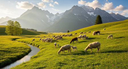 Traditional Farm Animals Grazing in Green Pasture at Sunset, Rural Countryside Landscape.