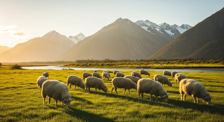 Traditional Farm Animals Grazing in Green Pasture at Sunset, Rural Countryside Landscape.