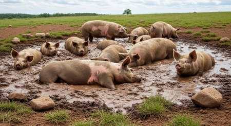 Traditional Farm Animals Grazing in Green Pasture at Sunset, Rural Countryside Landscape.