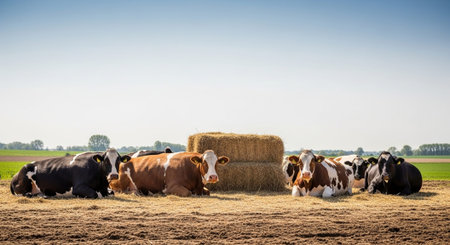 Traditional Farm Animals Grazing in Green Pasture at Sunset, Rural Countryside Landscape.