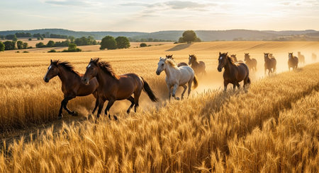 Traditional Farm Animals Grazing in Green Pasture at Sunset, Rural Countryside Landscape.