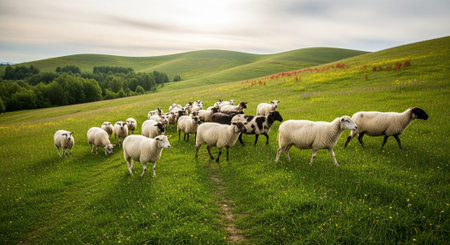 Traditional Farm Animals Grazing in Green Pasture at Sunset, Rural Countryside Landscape.の写真素材
