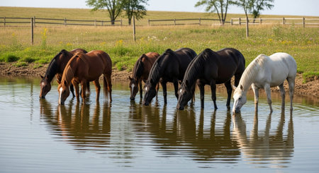 Traditional Farm Animals Grazing in Green Pasture at Sunset, Rural Countryside Landscape.の写真素材