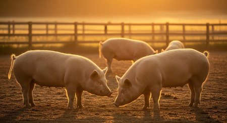Traditional Farm Animals Grazing in Green Pasture at Sunset, Rural Countryside Landscape.の写真素材