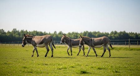 Traditional Farm Animals Grazing in Green Pasture at Sunset, Rural Countryside Landscape.の写真素材