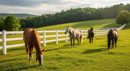 Traditional Farm Animals Grazing in Green Pasture at Sunset, Rural Countryside Landscape.