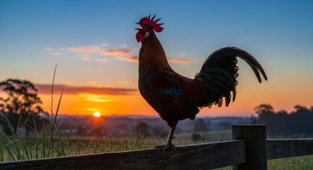 Traditional Farm Animals Grazing in Green Pasture at Sunset, Rural Countryside Landscape.