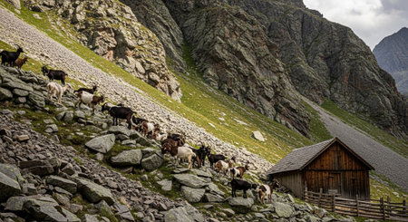 Traditional Farm Animals Grazing in Green Pasture at Sunset, Rural Countryside Landscape.の写真素材