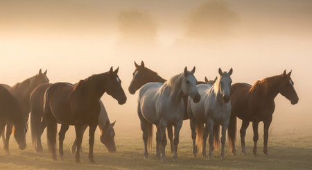 Traditional Farm Animals Grazing in Green Pasture at Sunset, Rural Countryside Landscape.の写真素材