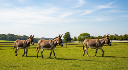 Traditional Farm Animals Grazing in Green Pasture at Sunset, Rural Countryside Landscape.